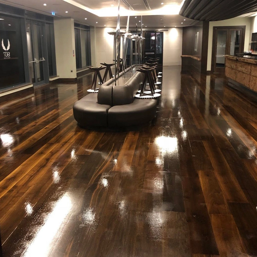 Hotel bar and restaurant walnut floor sanded and clear satin hardwax oiled
