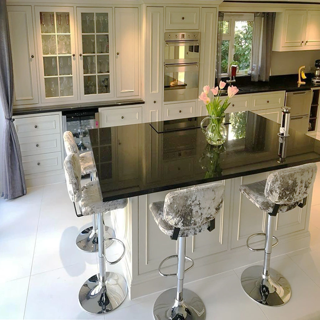 Kitchen fitted and high stools upholstered in crushed velvet, Pyrford, Surrey