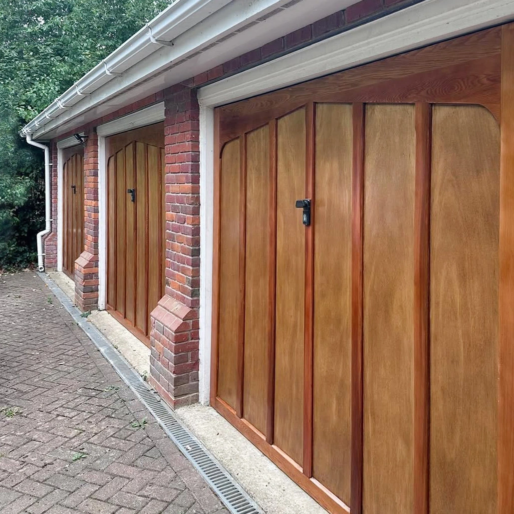 Cedar garage doors sanded, stained, varnished and restored, Surrey