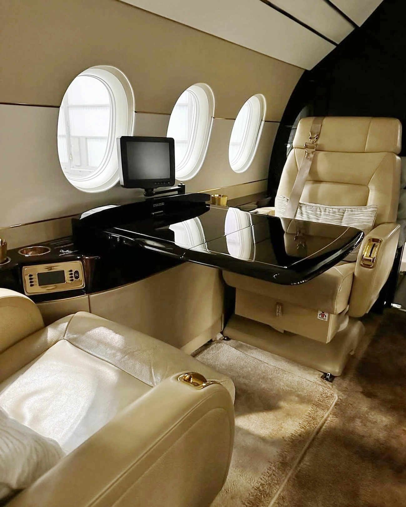Airport private jet interior burr walnut joinery repaired and re-polished, Farnborough, Surrey