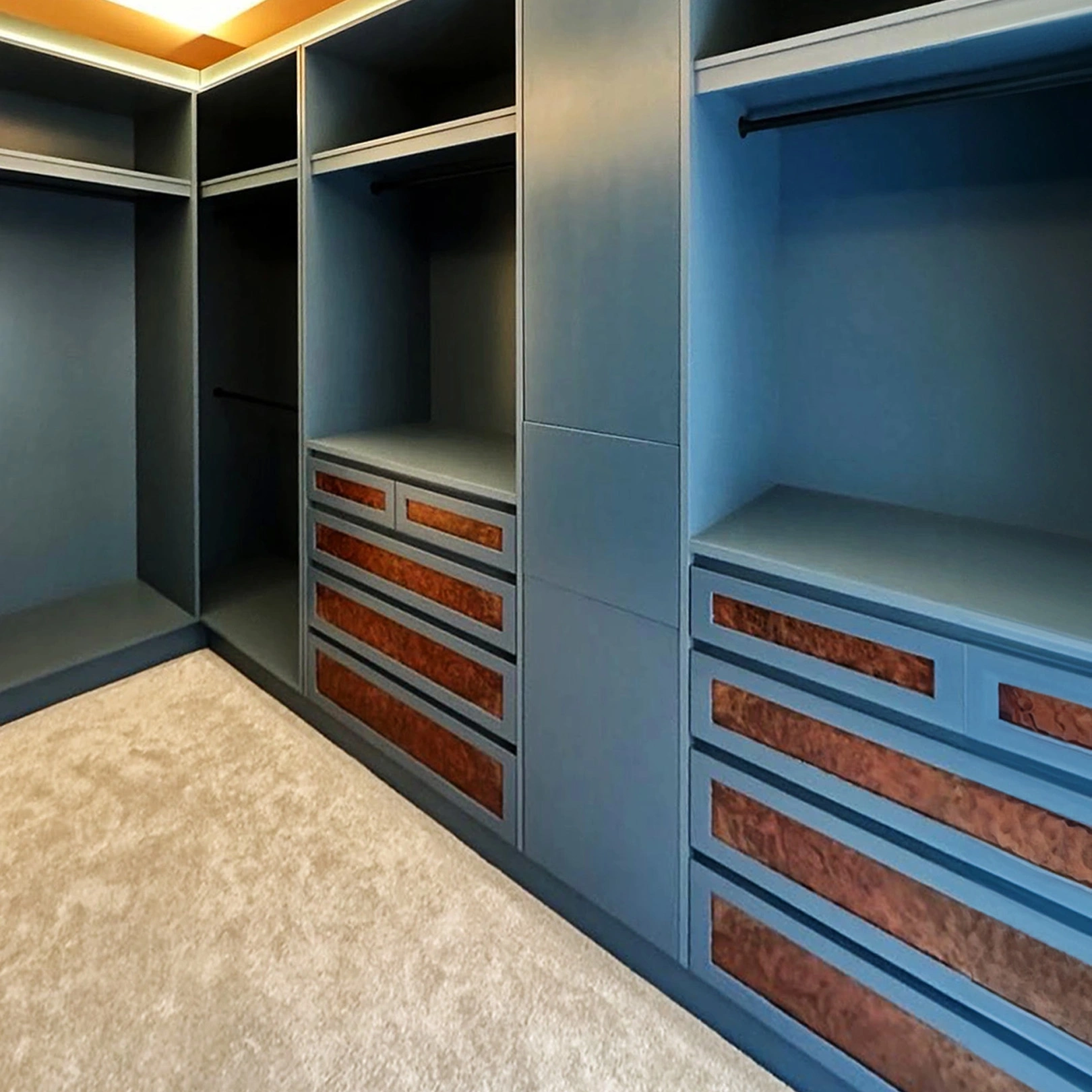Zoffany velvet blue with burr walnut inlay drawers, Chiswick, West London